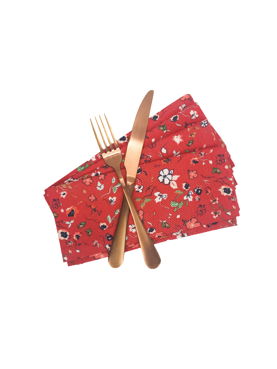 Red Floral Cloth Napkins, Set of 4