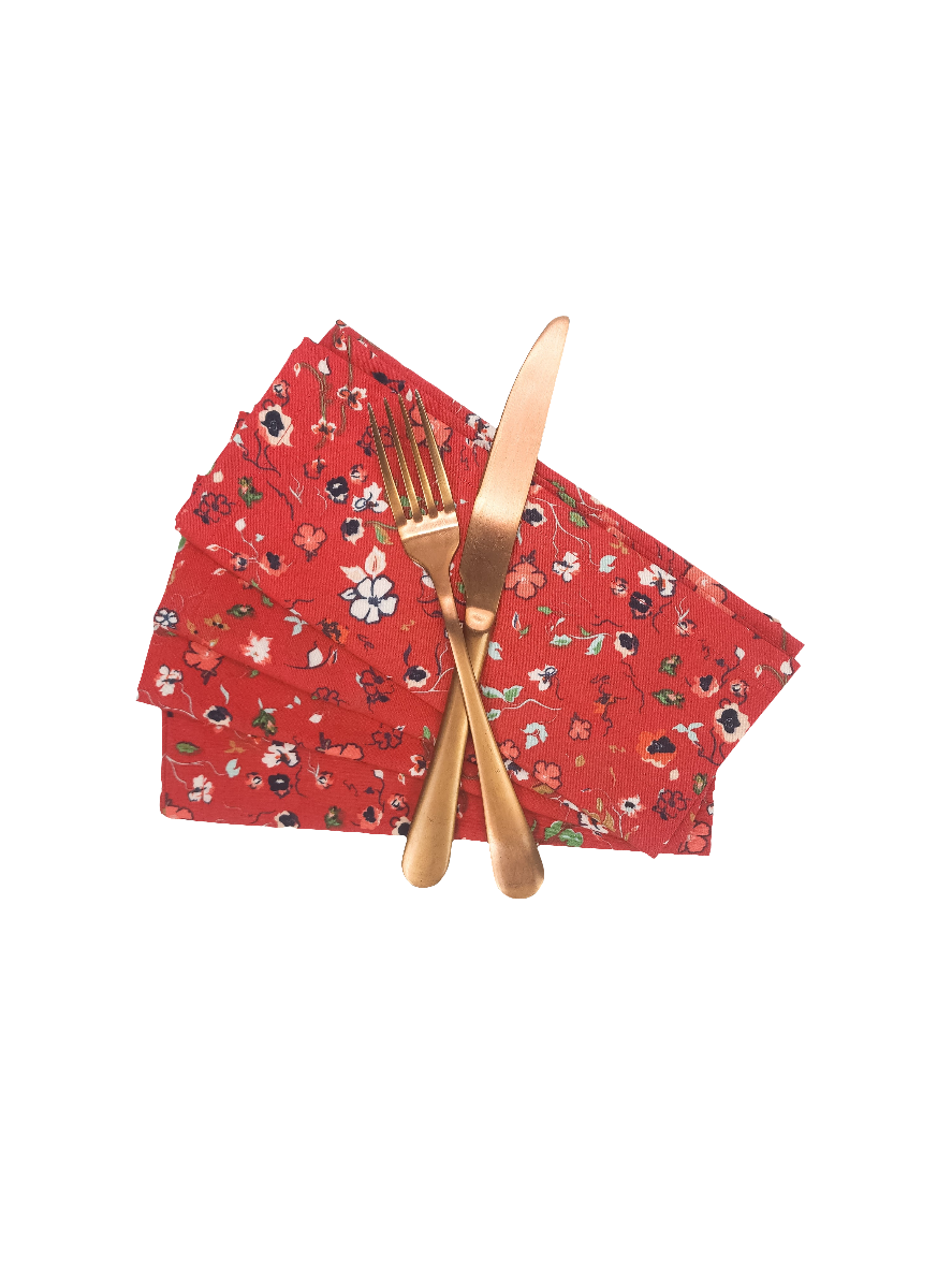 Red Floral Cloth Napkins, Set of 4