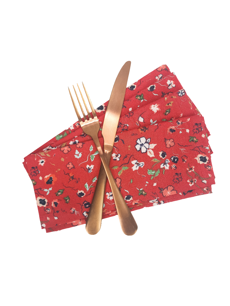 Red Floral Cloth Napkins, Set of 4