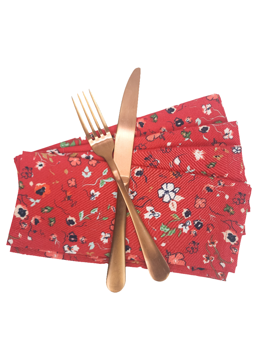 Red Floral Cloth Napkins, Set of 4