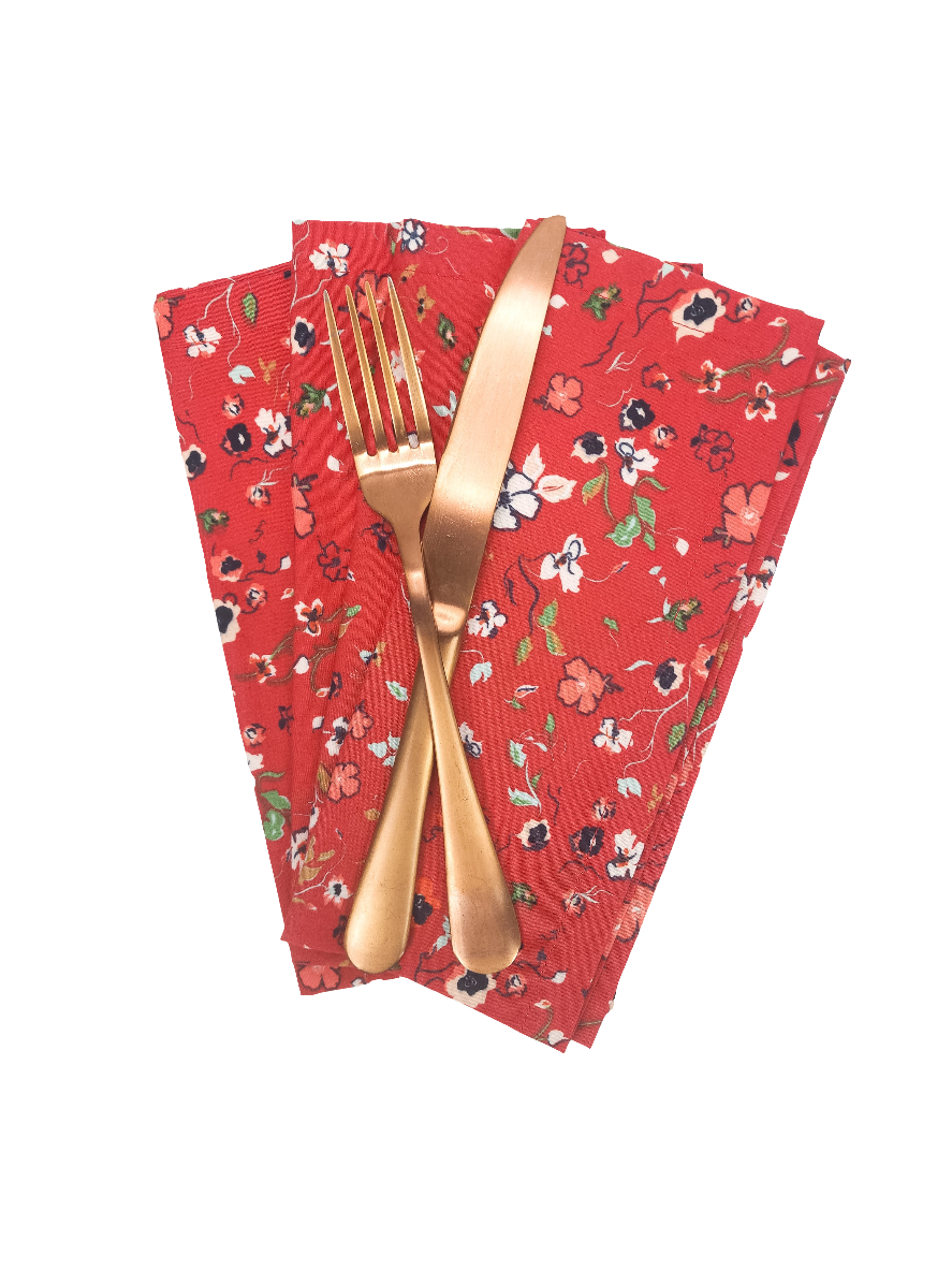 Red Floral Cloth Napkins, Set of 4