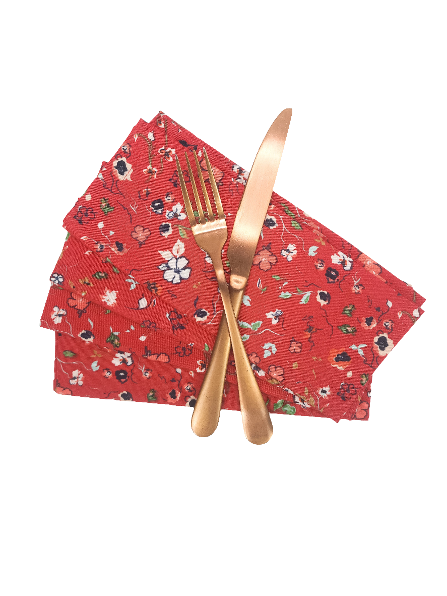 Red Floral Cloth Napkins, Set of 4