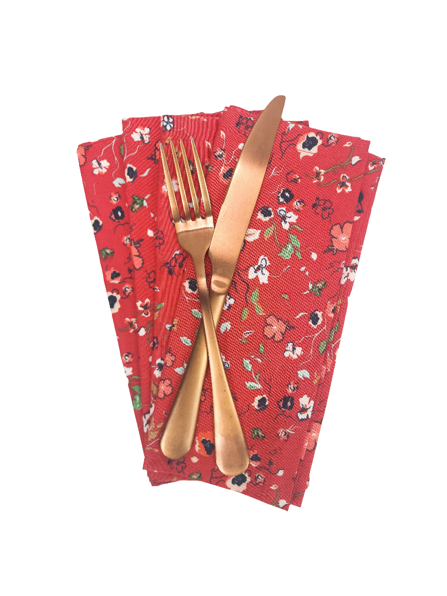 Red Floral Cloth Napkins, Set of 4