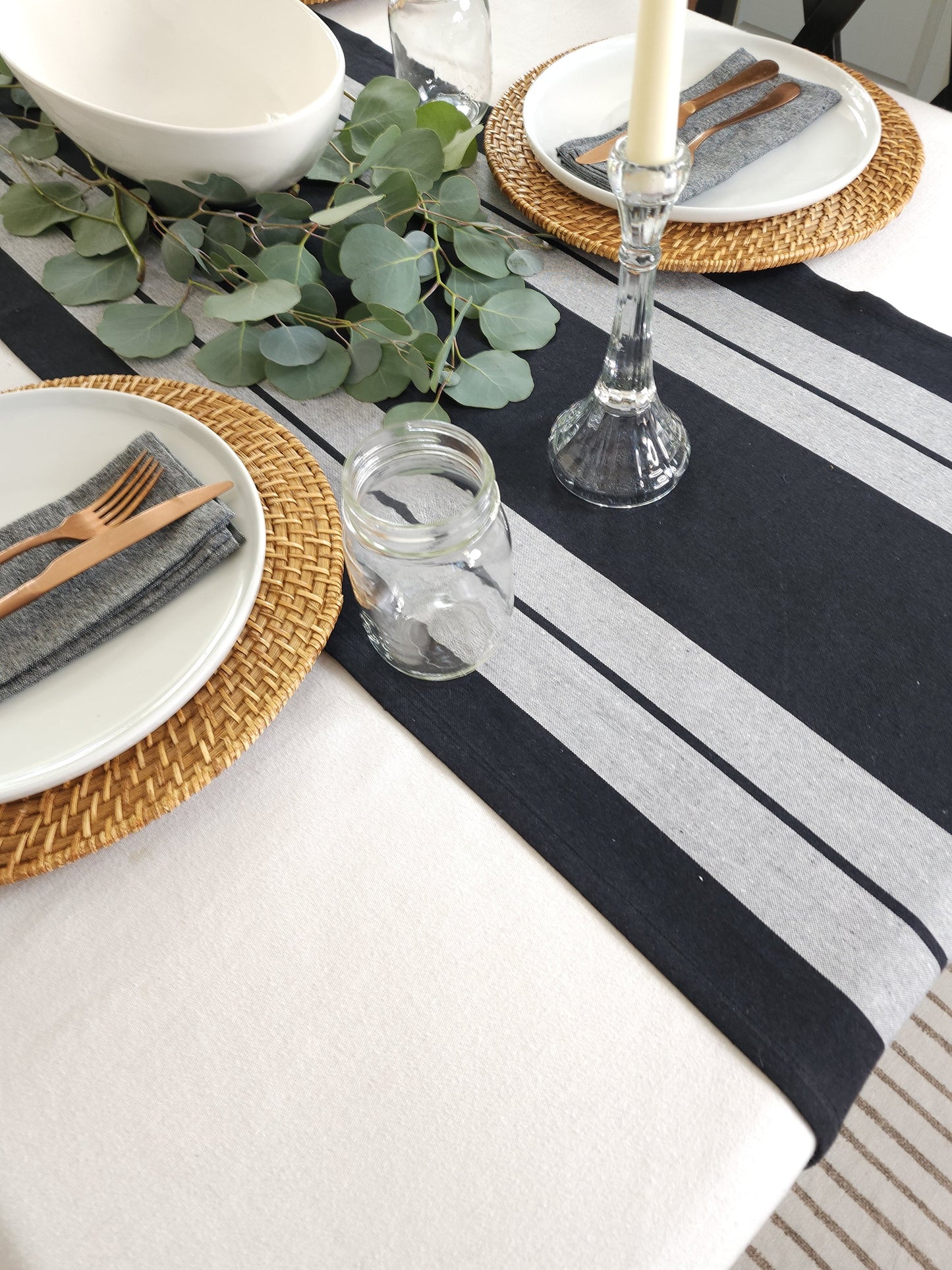 Black Stripe Table Runner, Black and Gray Striped Table Runner