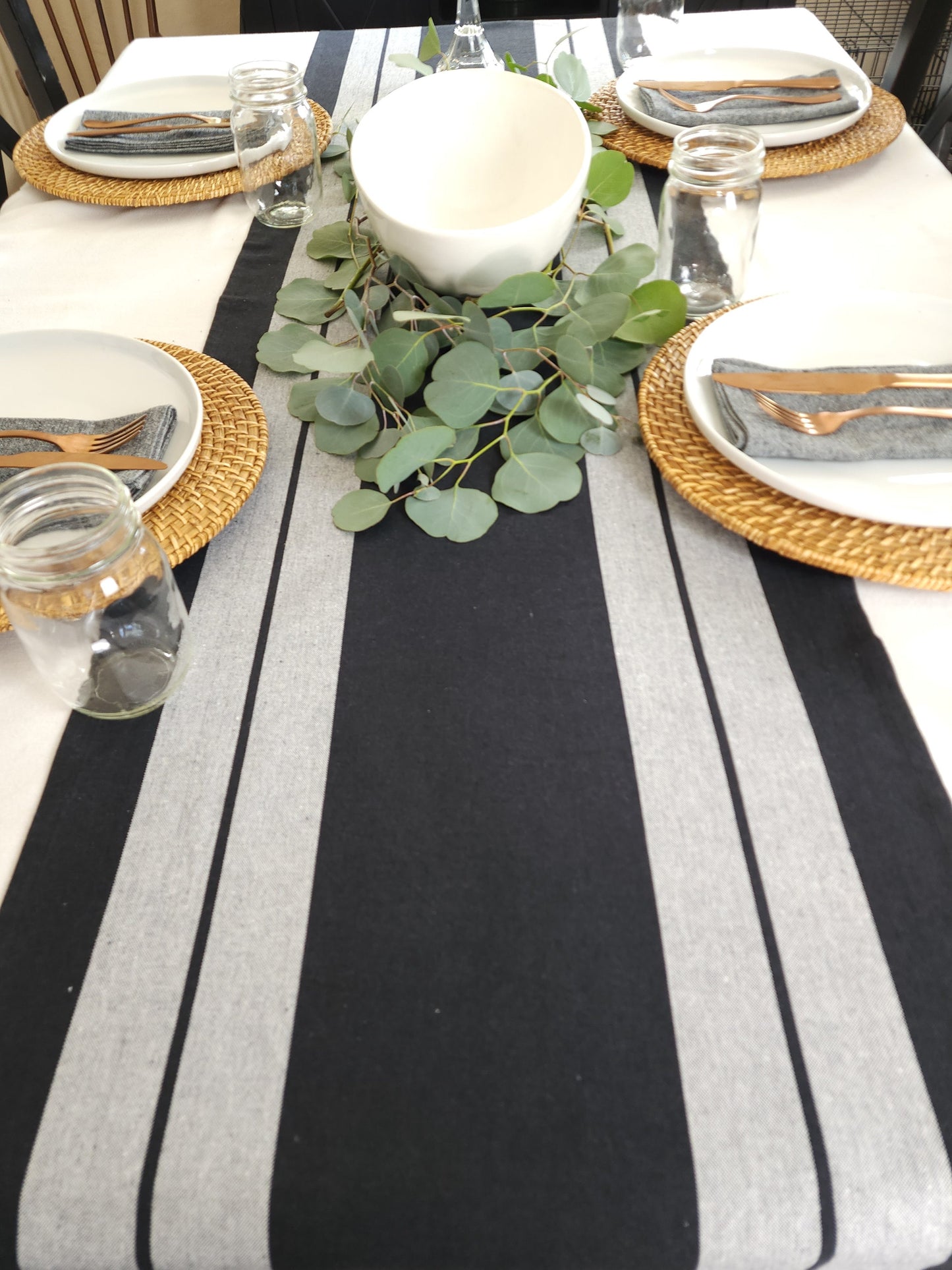 Black Stripe Table Runner, Black and Gray Striped Table Runner
