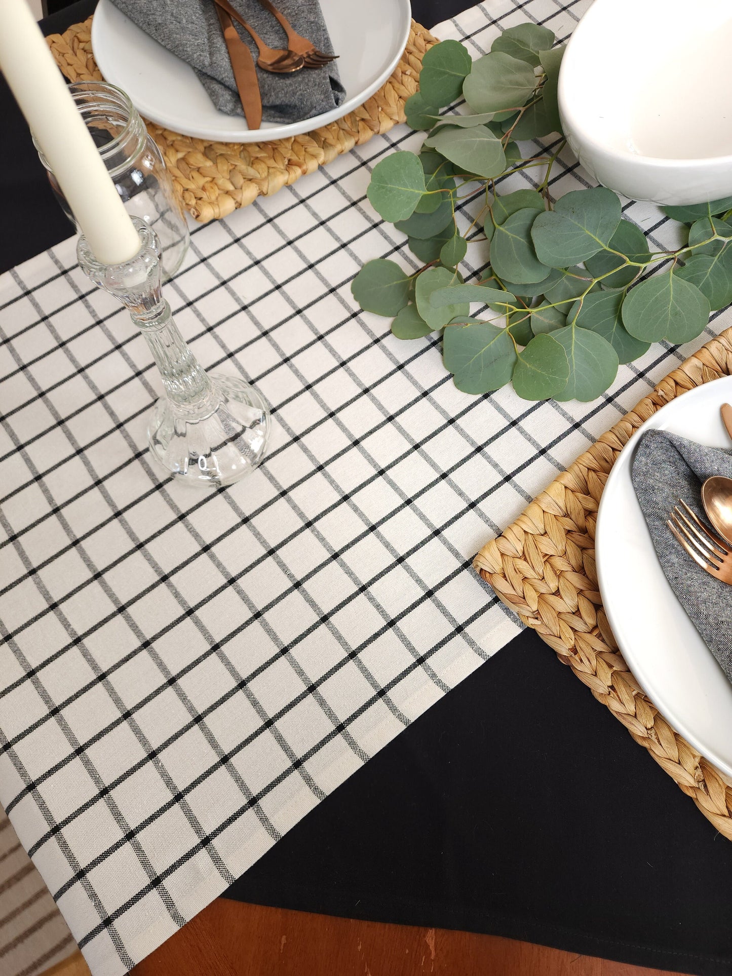 White & Black Checkered Table Runner, White Plaid Table Runner