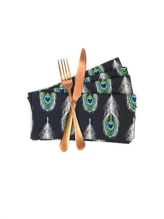 Black Peacock Feather Cloth Napkins, Set of 4