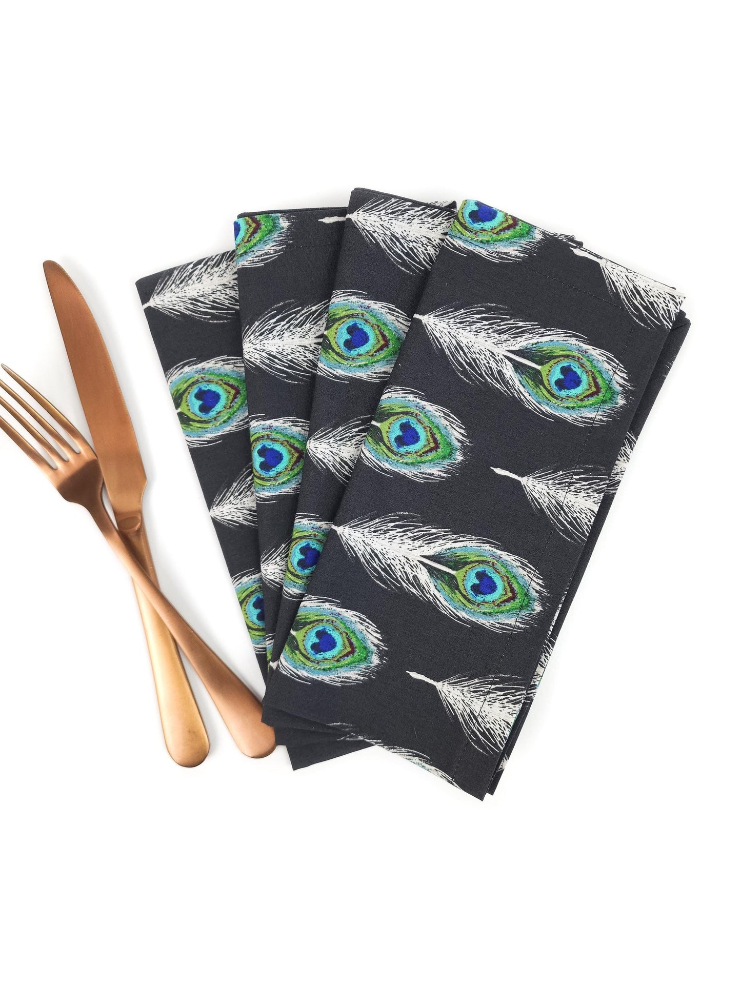 Black Peacock Feather Cloth Napkins, Set of 4