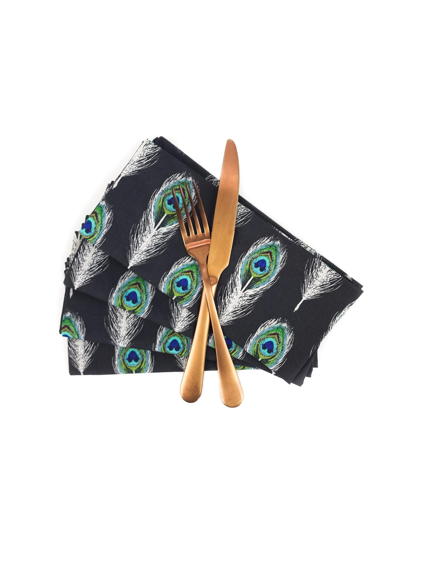 Black Peacock Feather Cloth Napkins, Set of 4