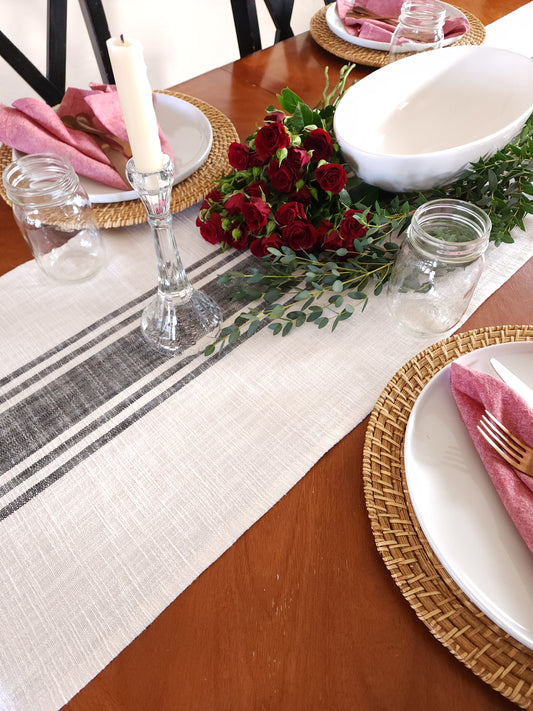 Ivory and Black Striped Rustic Table Runner