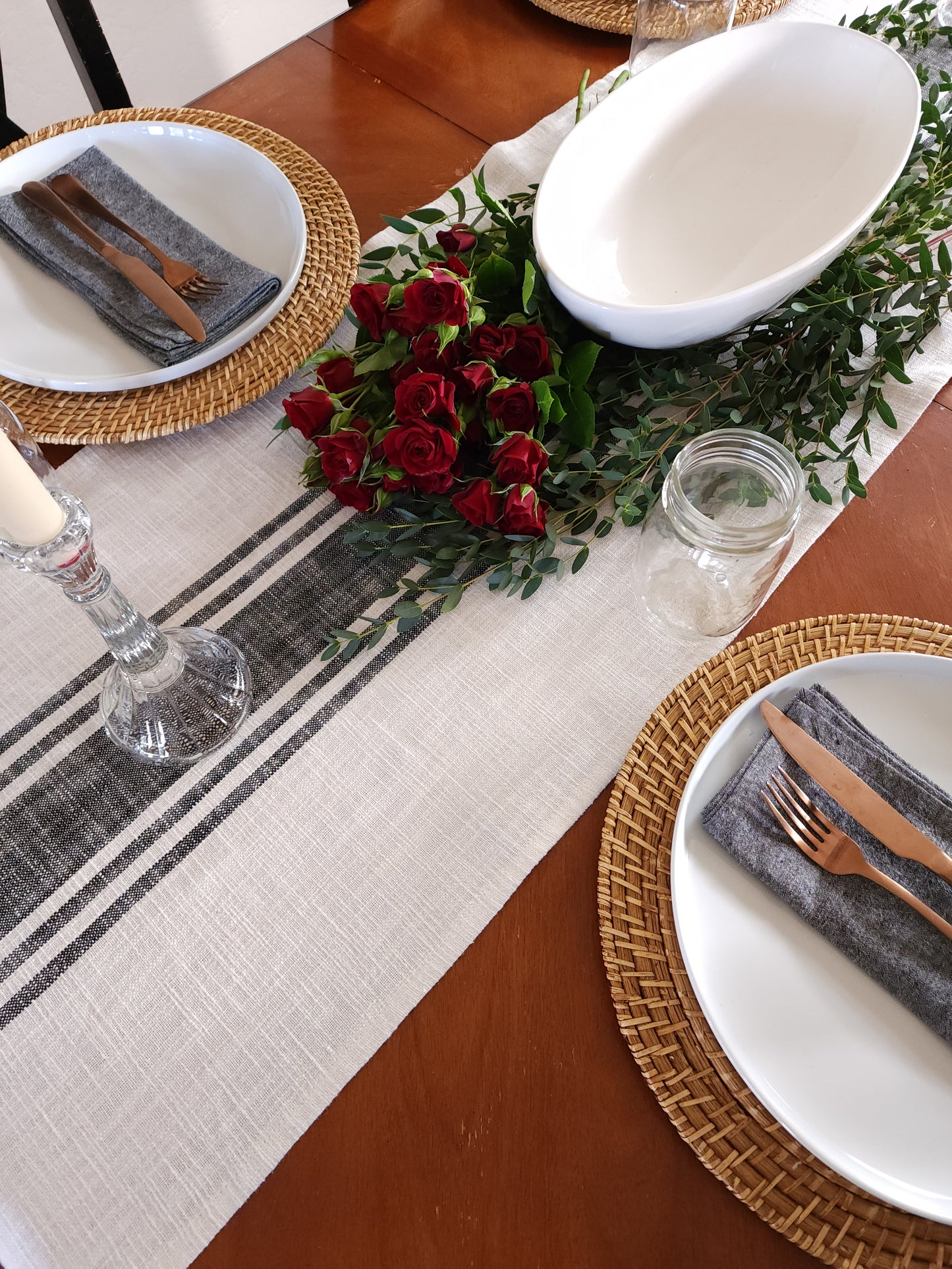 Ivory and Black Striped Rustic Table Runner