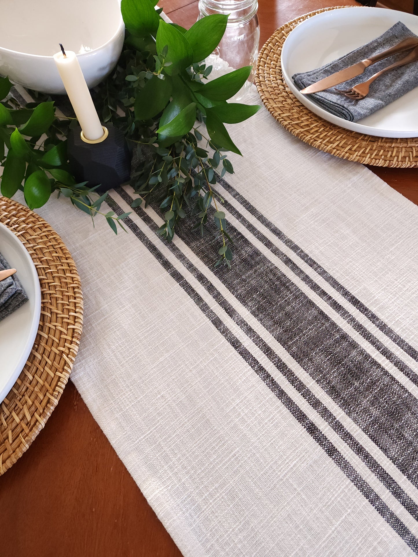 Ivory and Black Striped Rustic Table Runner
