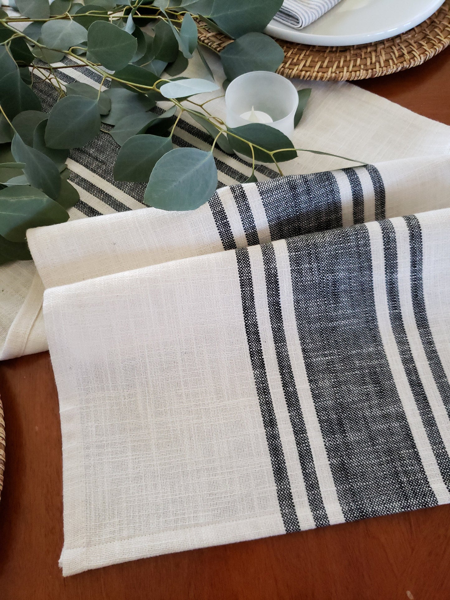 Ivory and Black Striped Rustic Table Runner