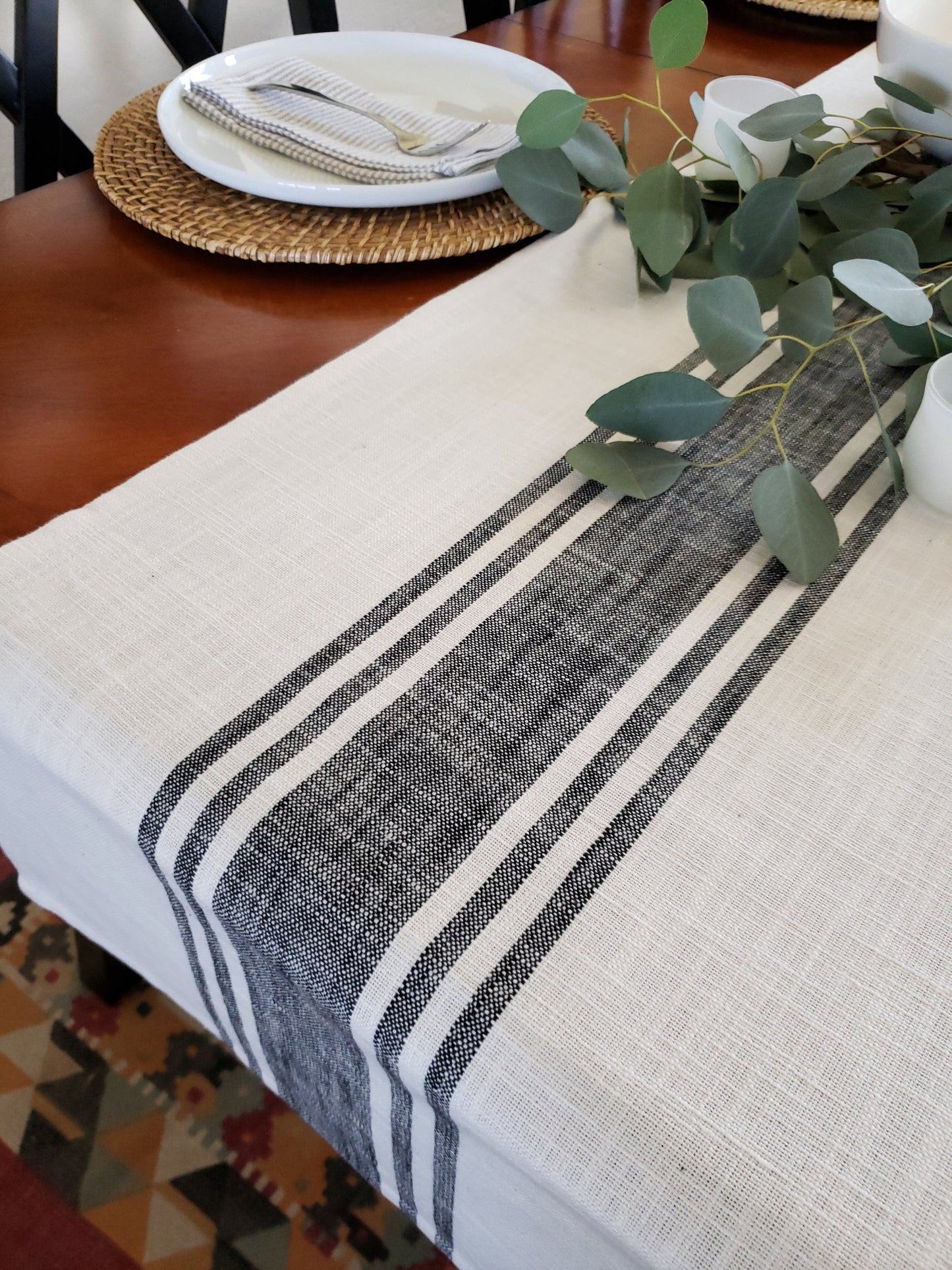 Ivory and Black Striped Rustic Table Runner
