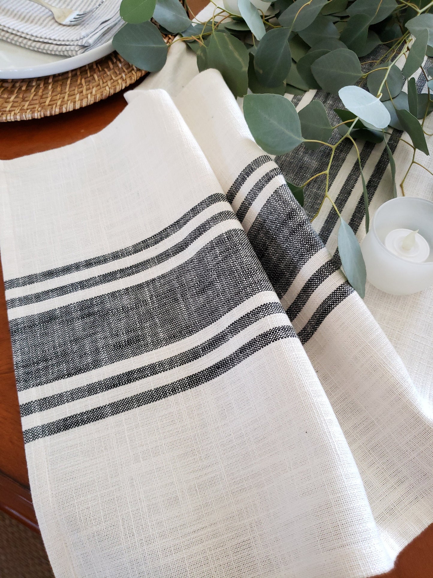 Ivory and Black Striped Rustic Table Runner