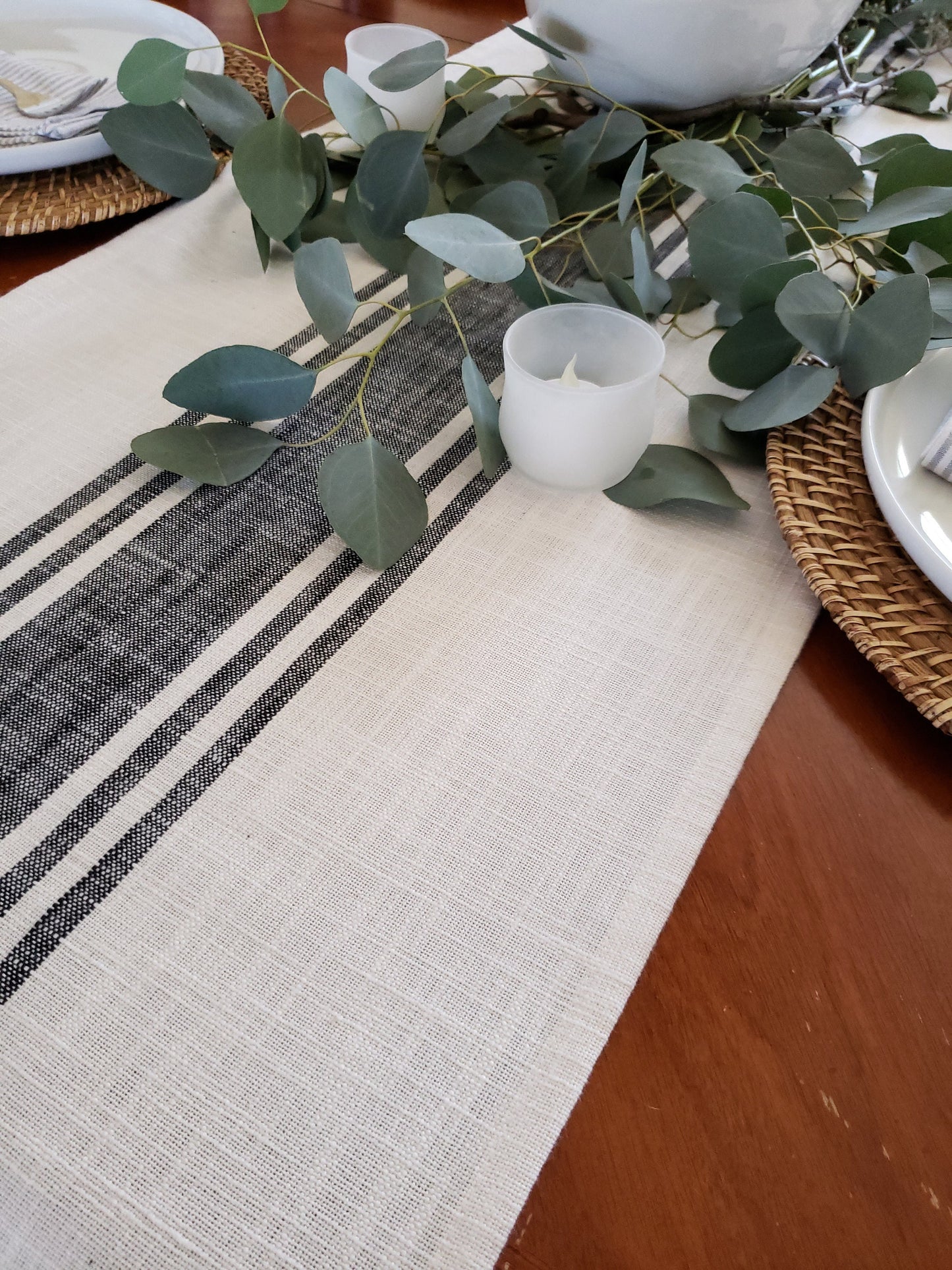 Ivory and Black Striped Rustic Table Runner
