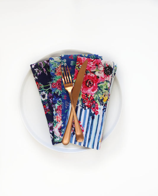 Blue Floral Cloth Napkins, Set of 4 Cloth Napkins