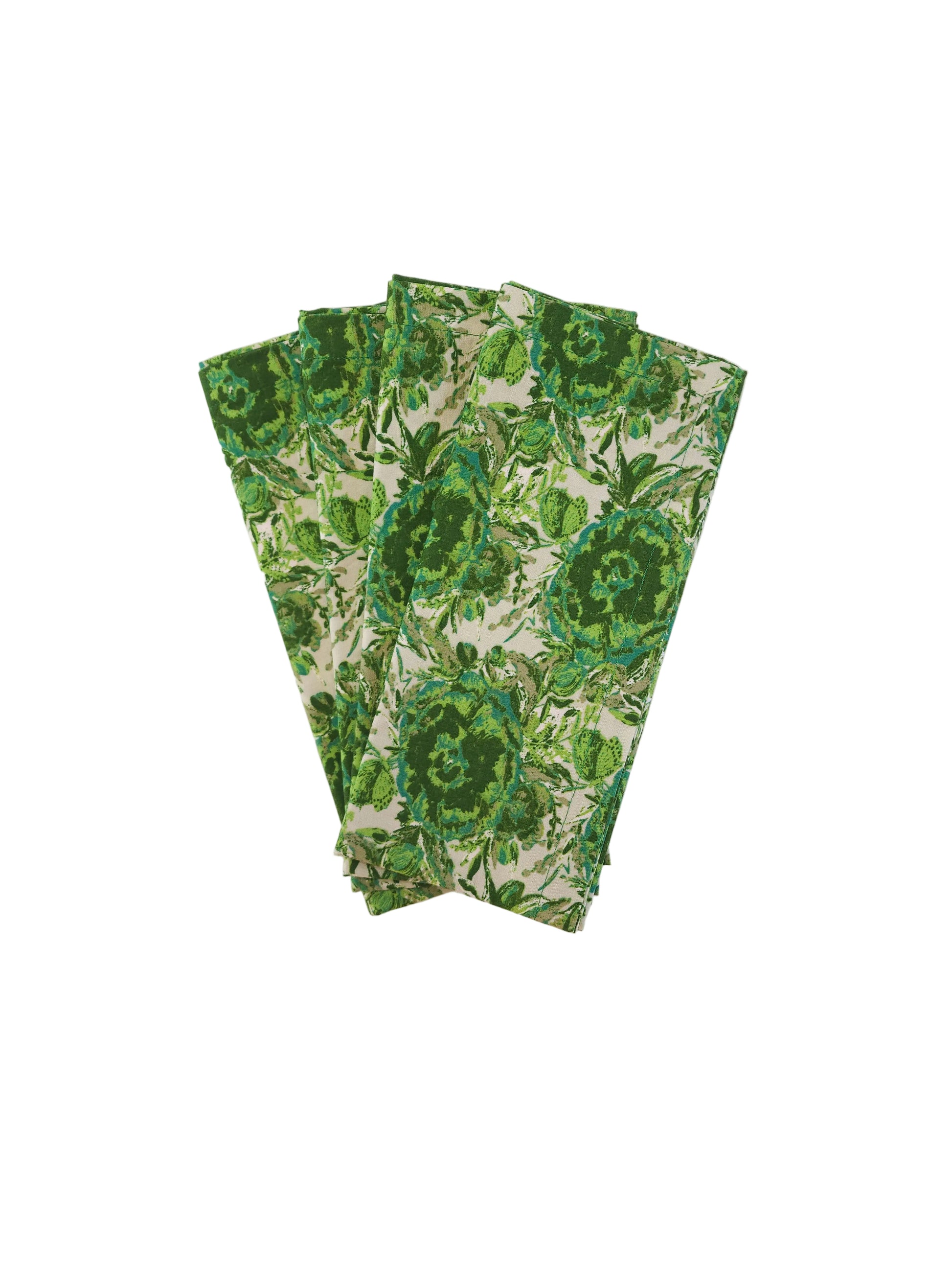 Four green floral-patterned napkins stacked on a lwhite background