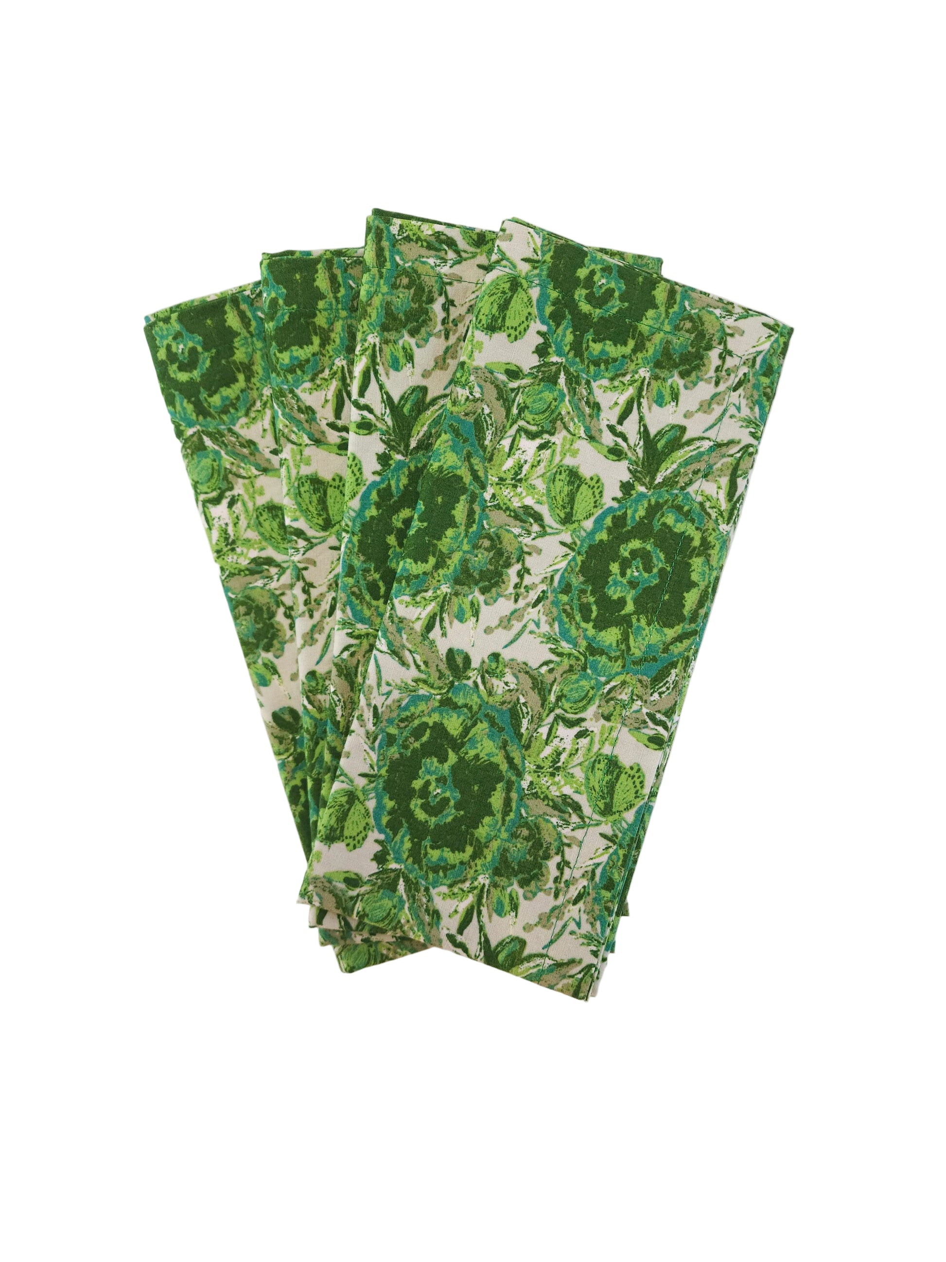 Green floral patterned napkins on a white background