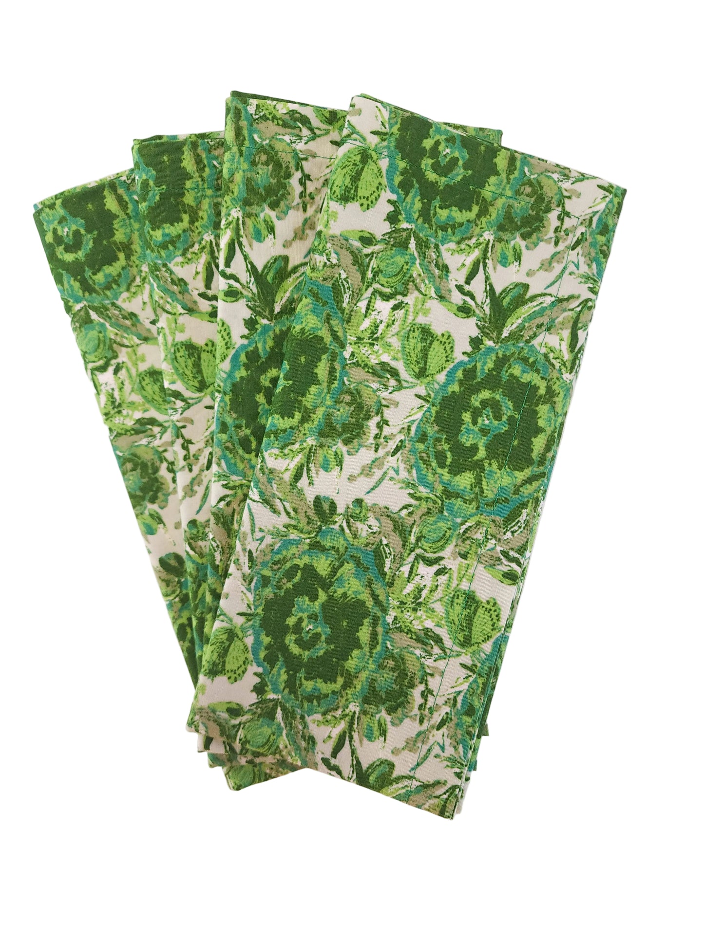 Four green floral patterned napkins stacked on a white background