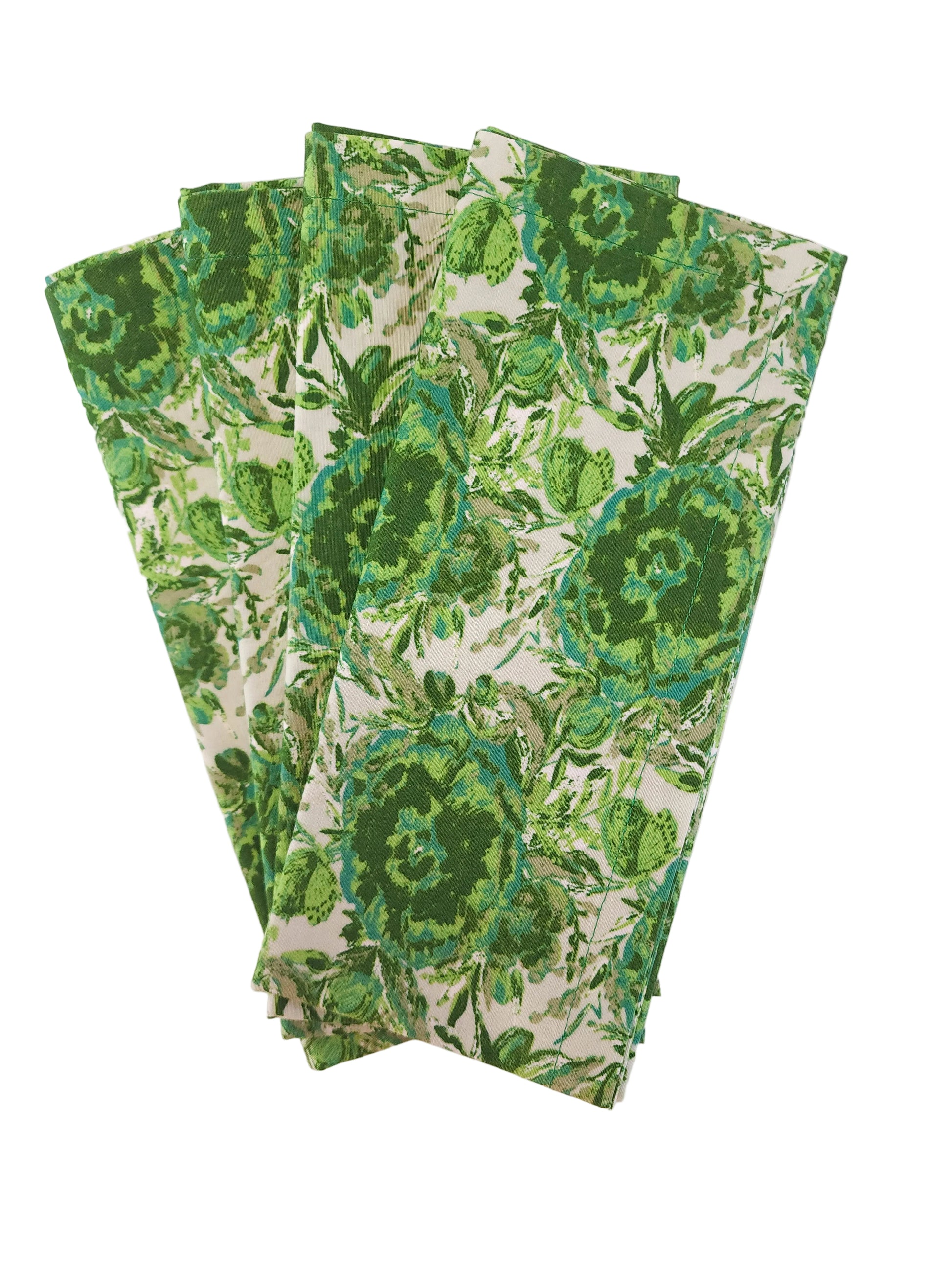 Four green floral patterned napkins stacked on a white background