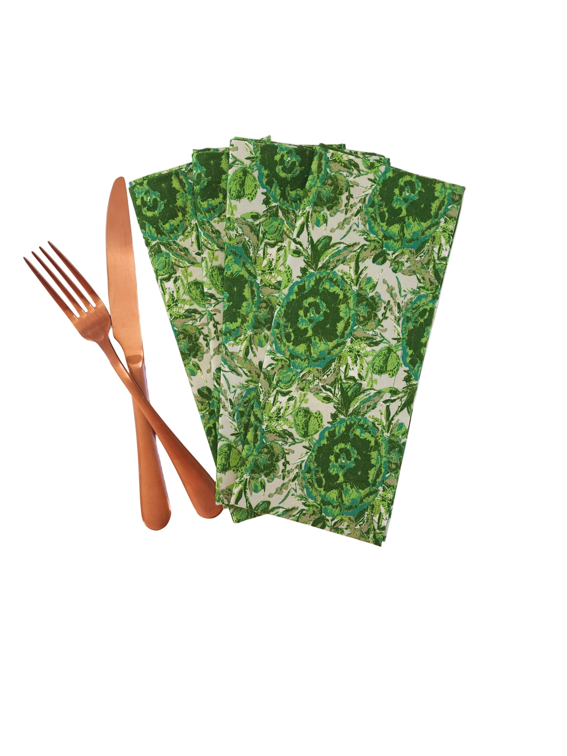 Set of green floral-patterned napkins with a fork and knife on a white background