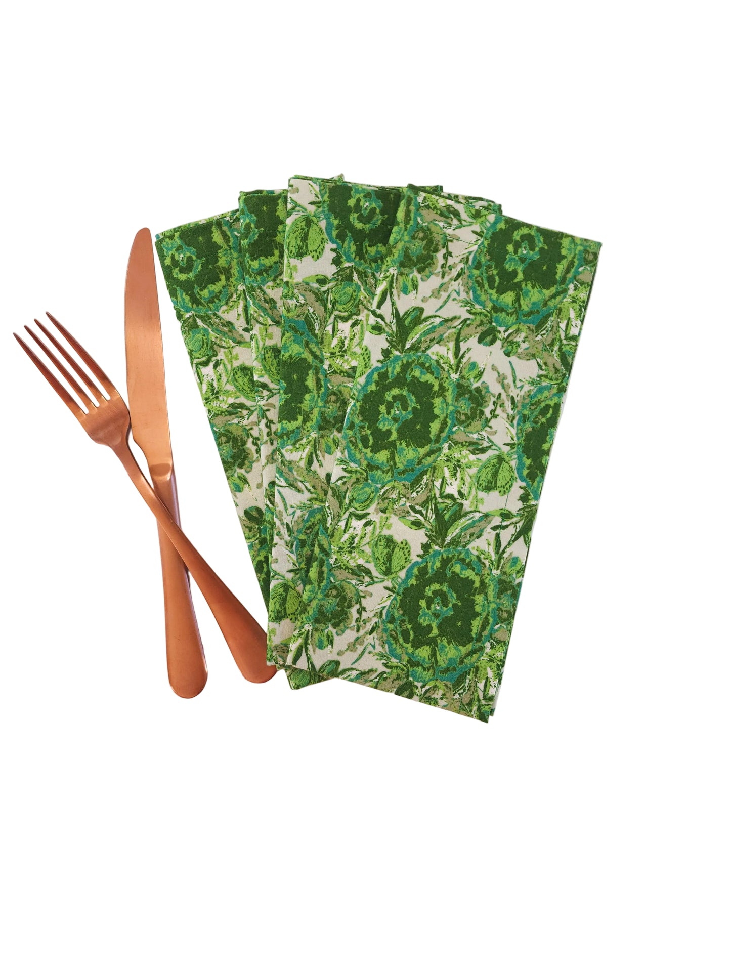Set of green floral-patterned napkins with a fork and knife on a white background