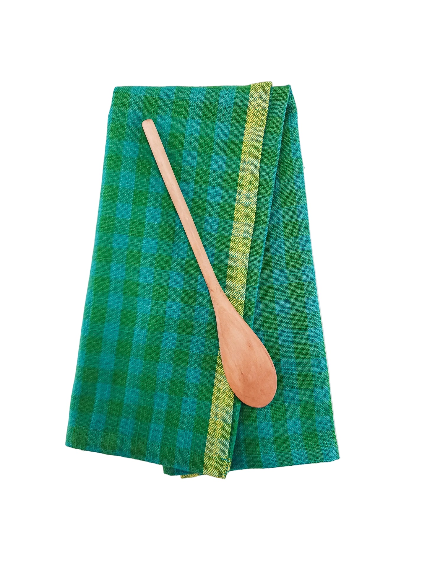 Green checkered towel with a wooden spoon on a white background