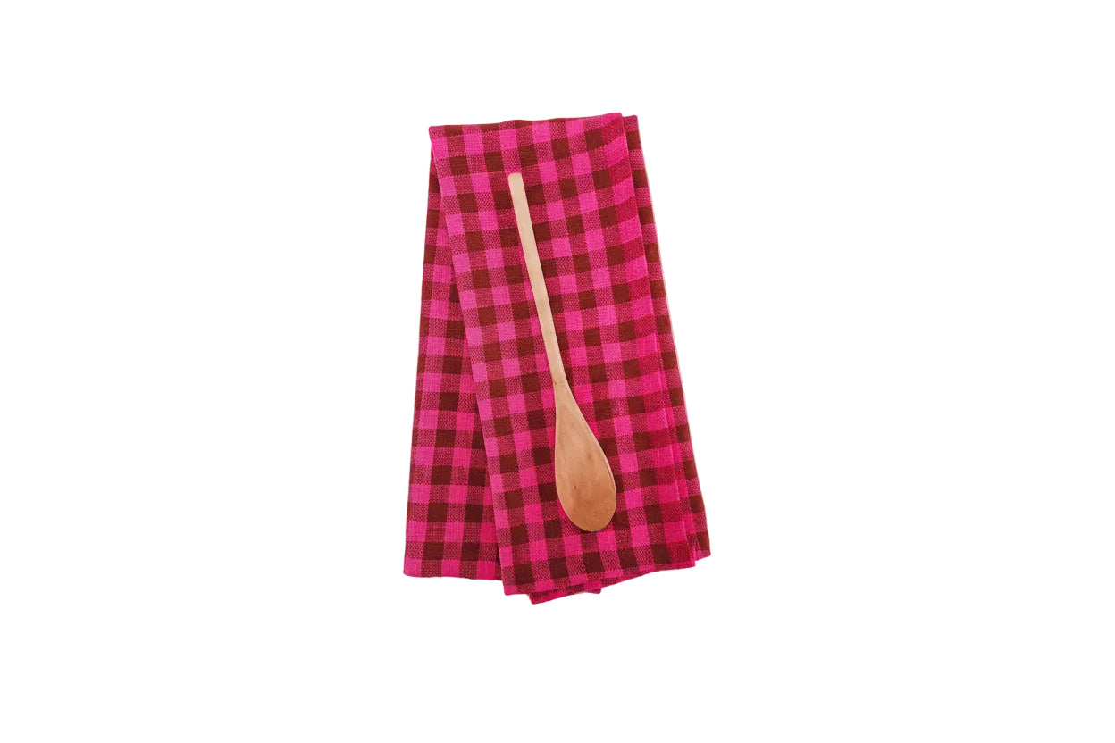 Pink and brown checkered cotton kitchen towel.