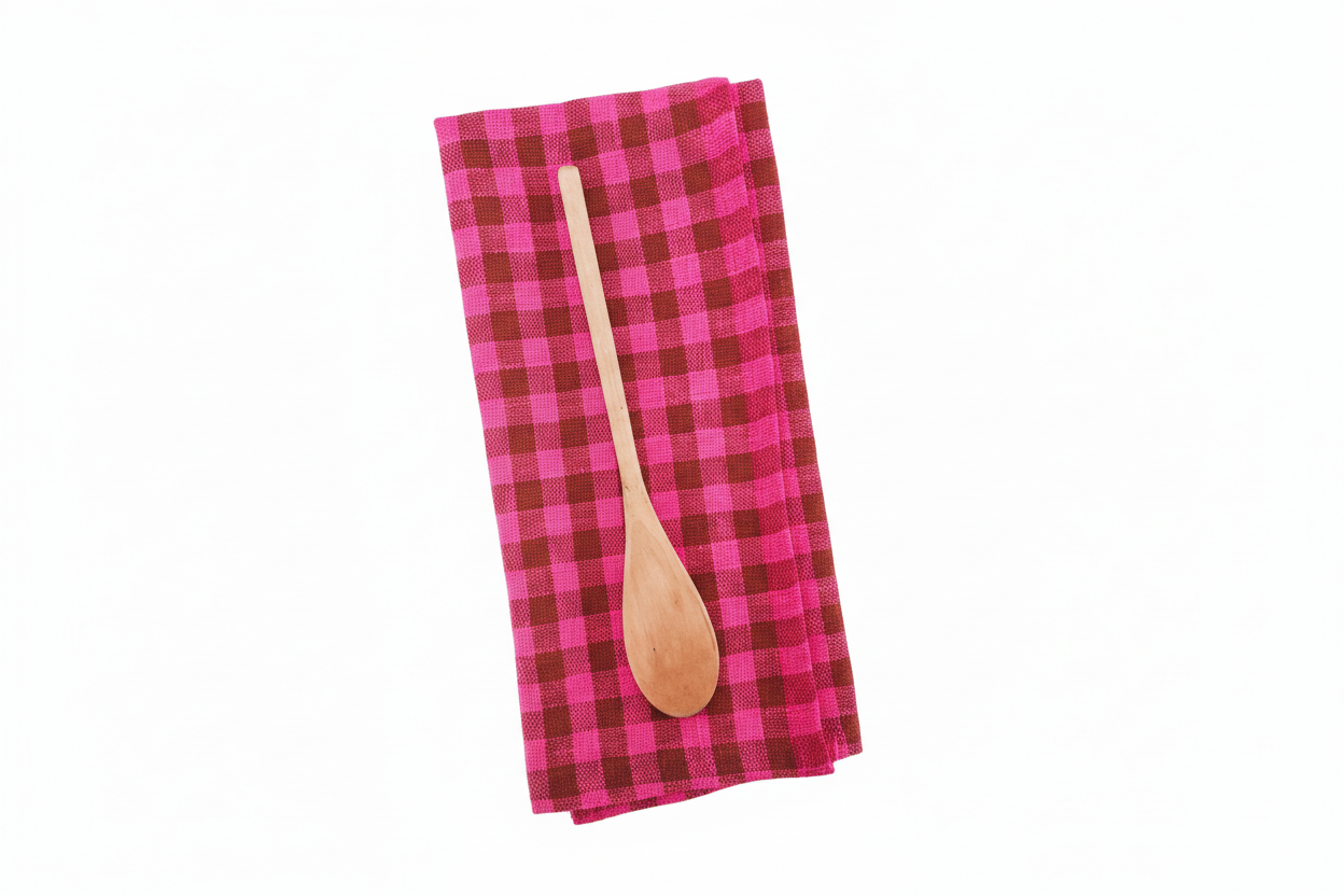 Wooden spoon on a pink and brown checkered towel against a white background