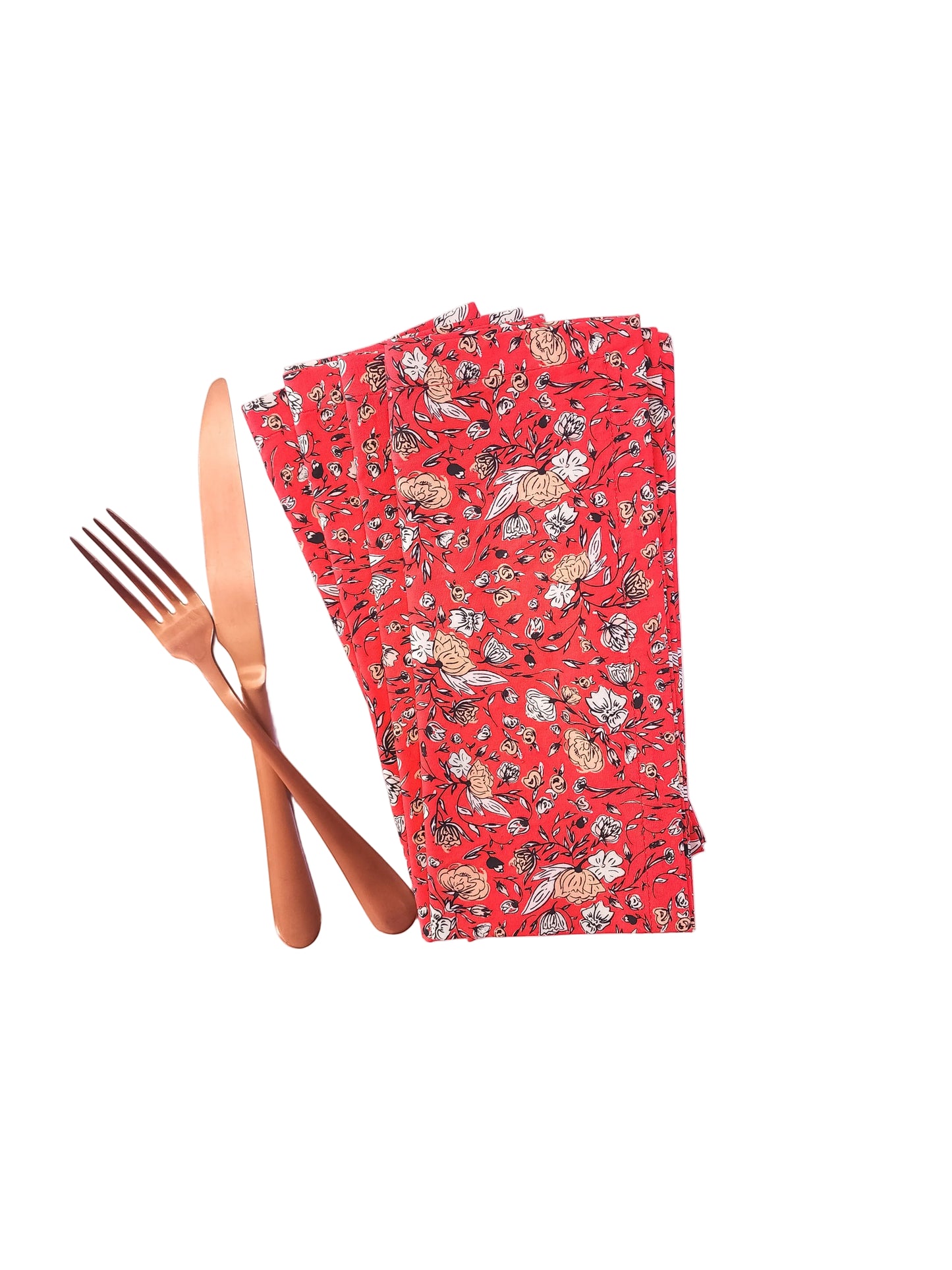 Vibrant Red Floral Cloth Napkins, Set of 4