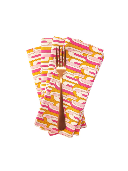 Mid-Century Modern Pink & Gold Cloth Napkins, Set of 4