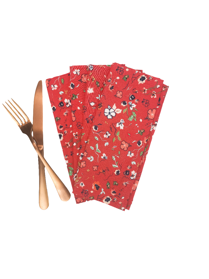 Red Floral Cloth Napkins, Set of 4