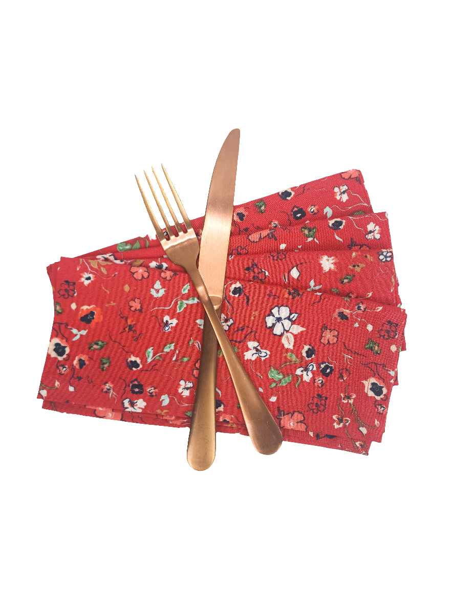 Red Floral Cloth Napkins, Set of 4
