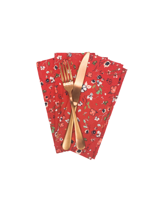Red Floral Cloth Napkins, Set of 4