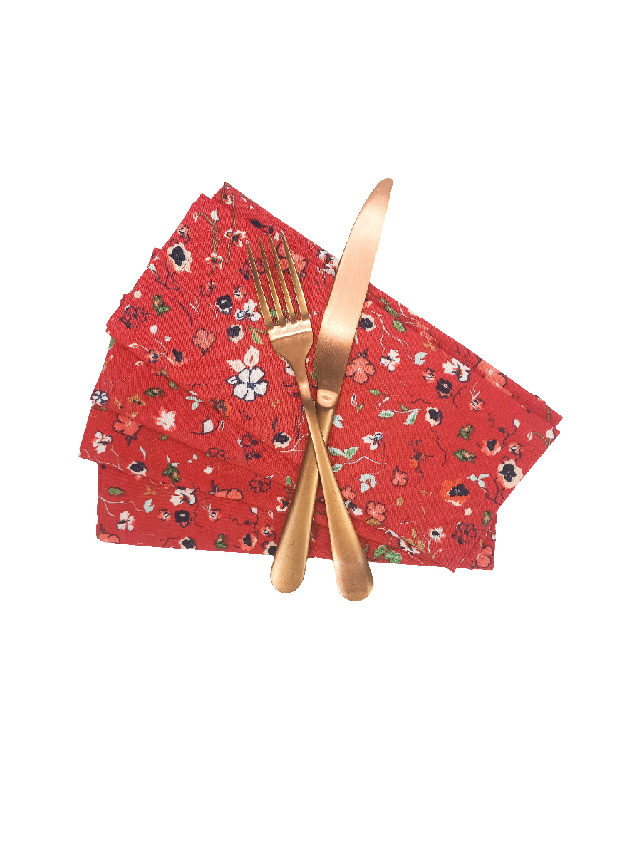 Red Floral Cloth Napkins, Set of 4