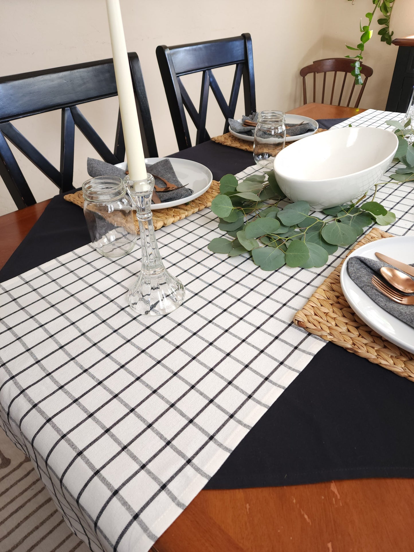 White & Black Checkered Table Runner, White Plaid Table Runner