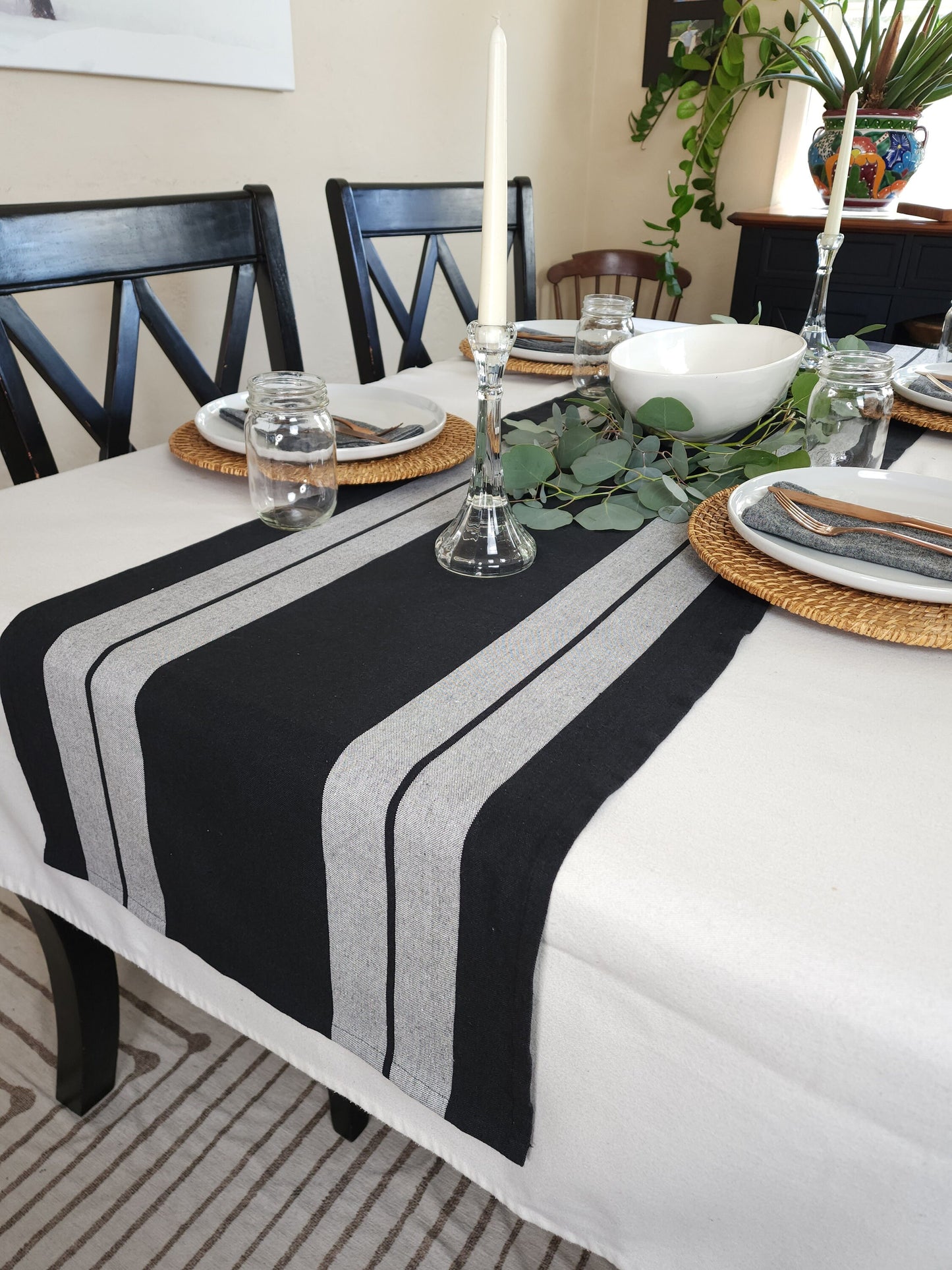 Black  Stripe Table Runner, Black and Gray Striped Table Runner