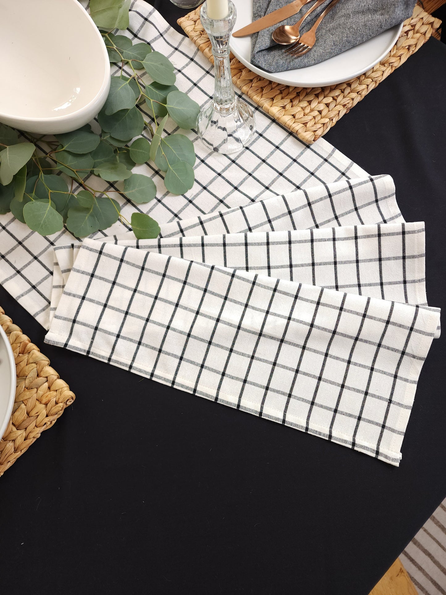 White & Black Checkered Table Runner, White Plaid Table Runner