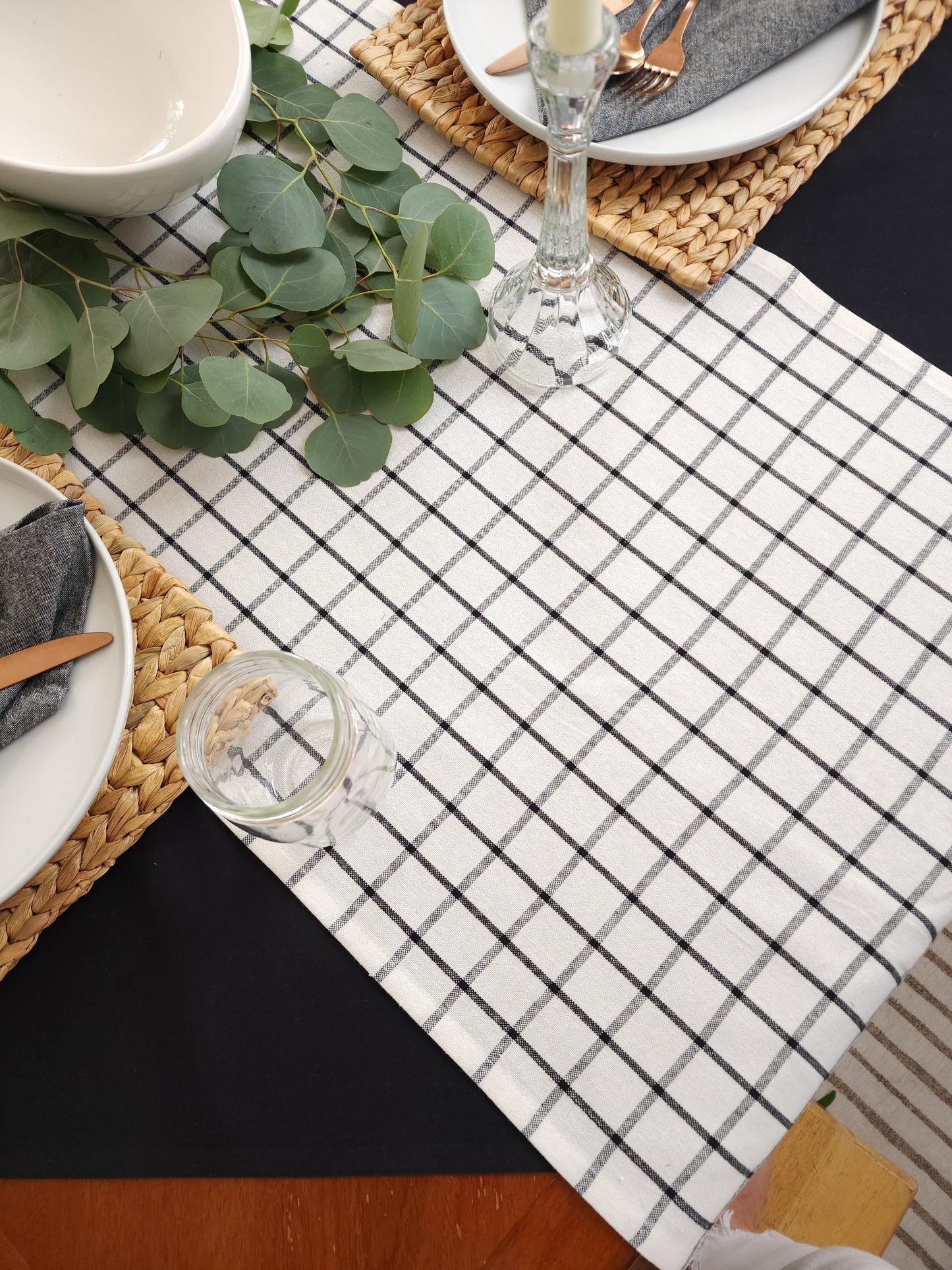 White & Black Checkered Table Runner, White Plaid Table Runner