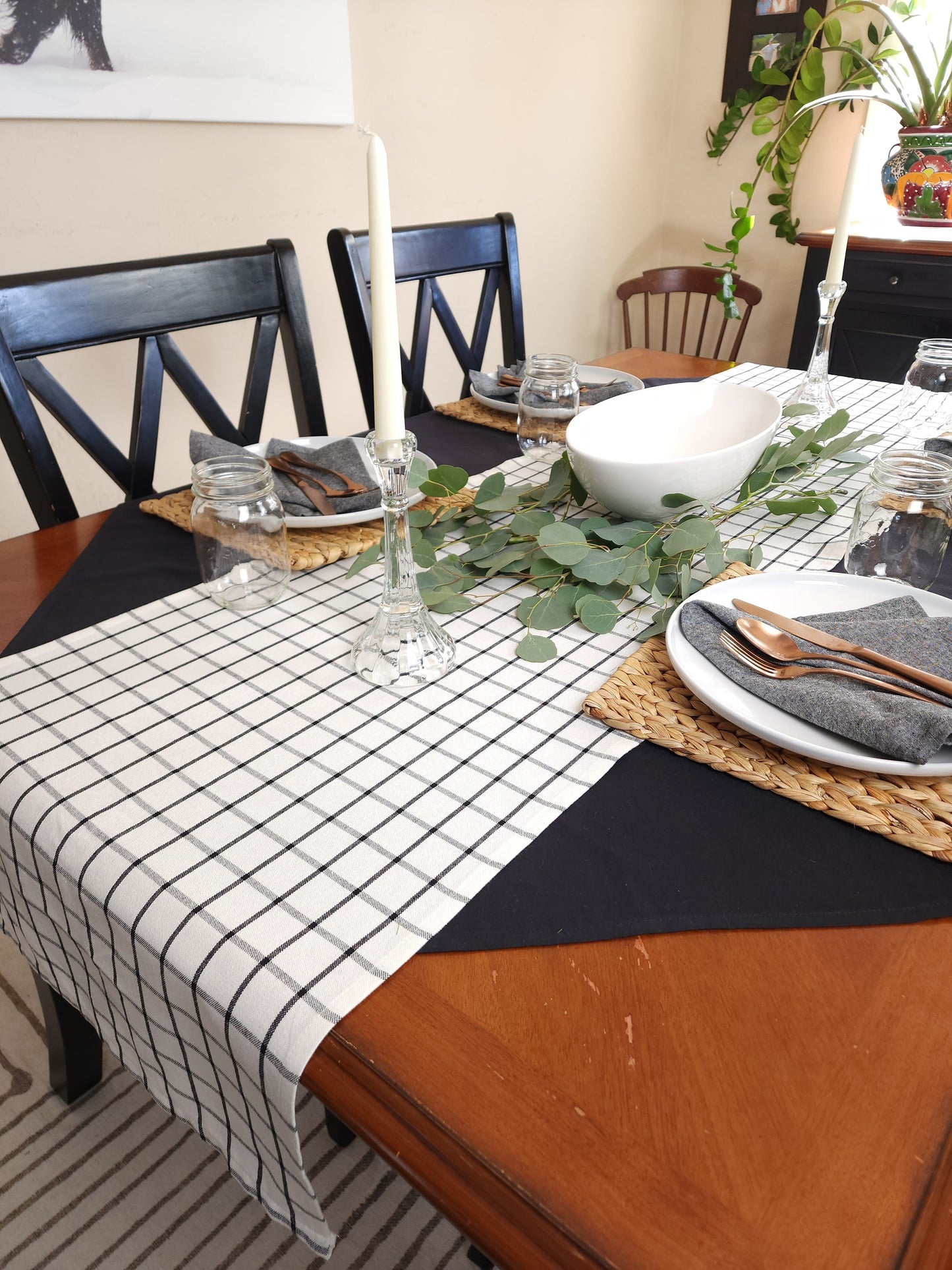 White & Black Checkered Table Runner, White Plaid Table Runner