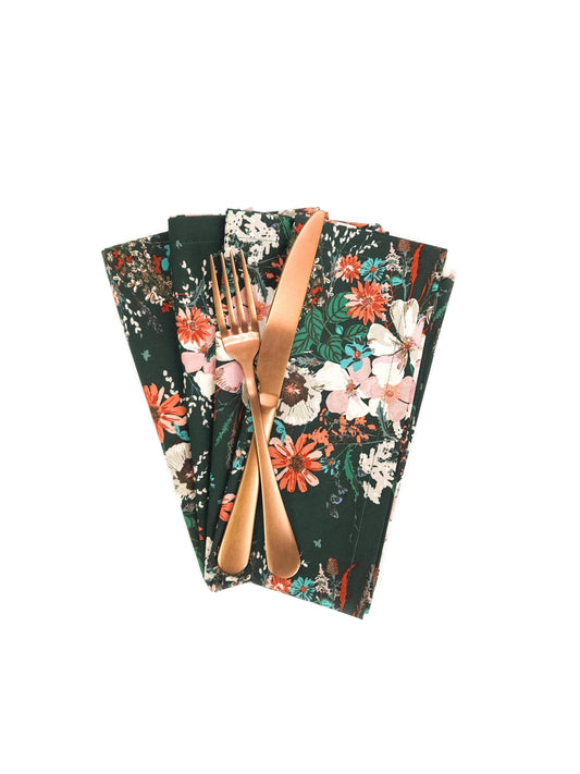 Dark Green Floral Cloth Napkins, Set of 4 Cloth Napkins