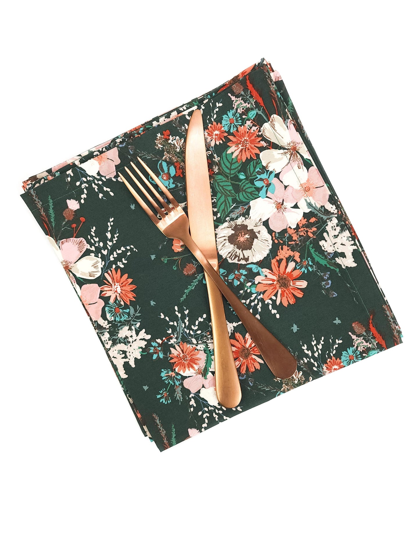 Dark Green Floral Cloth Napkins, Set of 4 Cloth Napkins