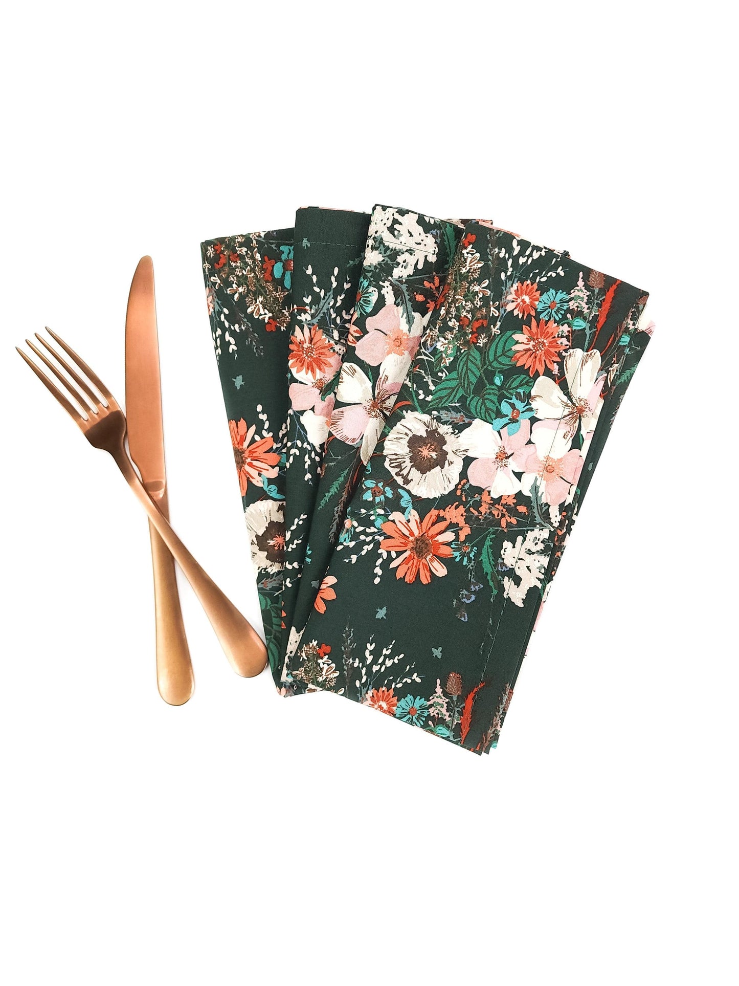 Dark Green Floral Cloth Napkins, Set of 4 Cloth Napkins