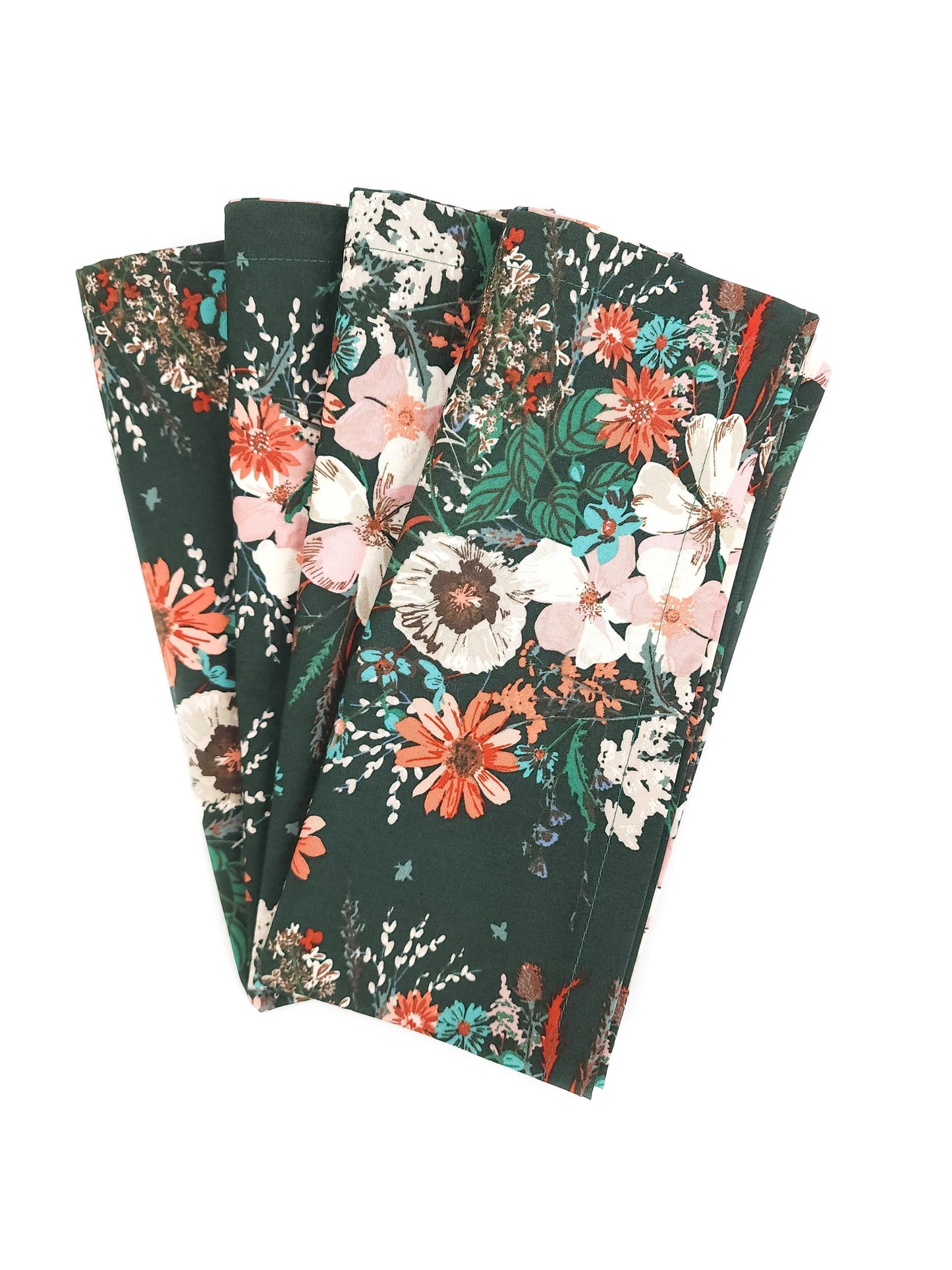 Dark Green Floral Cloth Napkins, Set of 4 Cloth Napkins