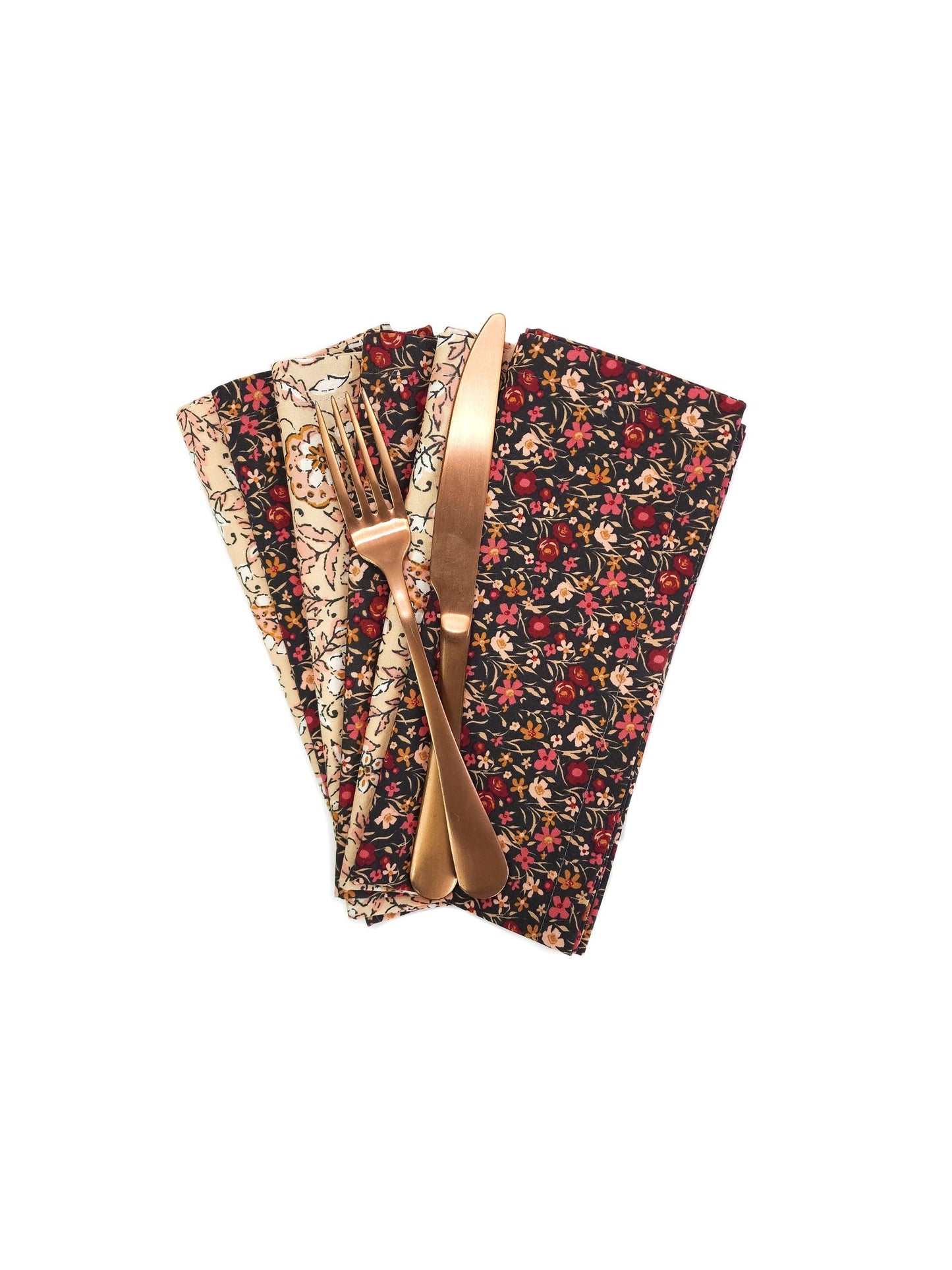 Black & Beige Floral Cloth Napkins, Set of 6