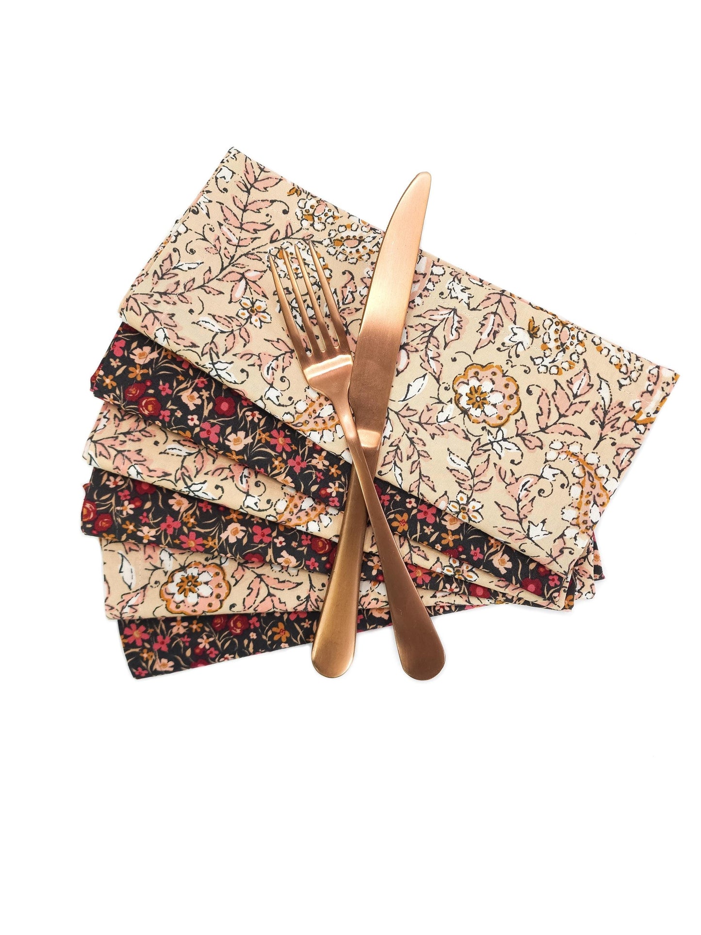 Black & Beige Floral Cloth Napkins, Set of 6