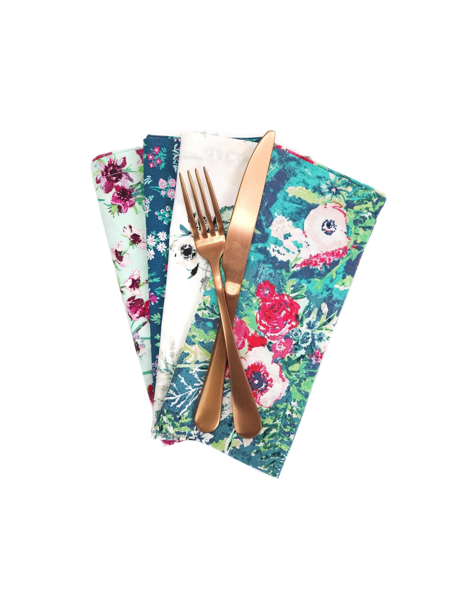 Green Floral Cotton Cloth Napkins, Set of 4