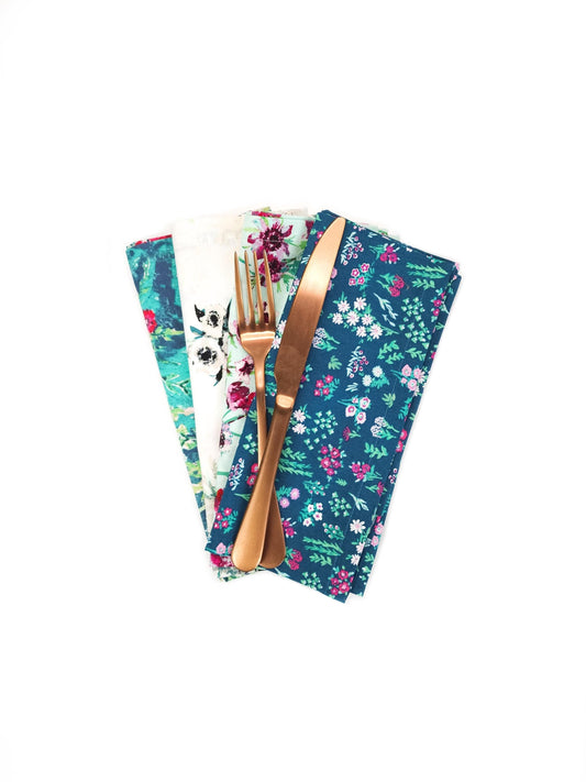 Green Floral Cotton Cloth Napkins, Set of 4