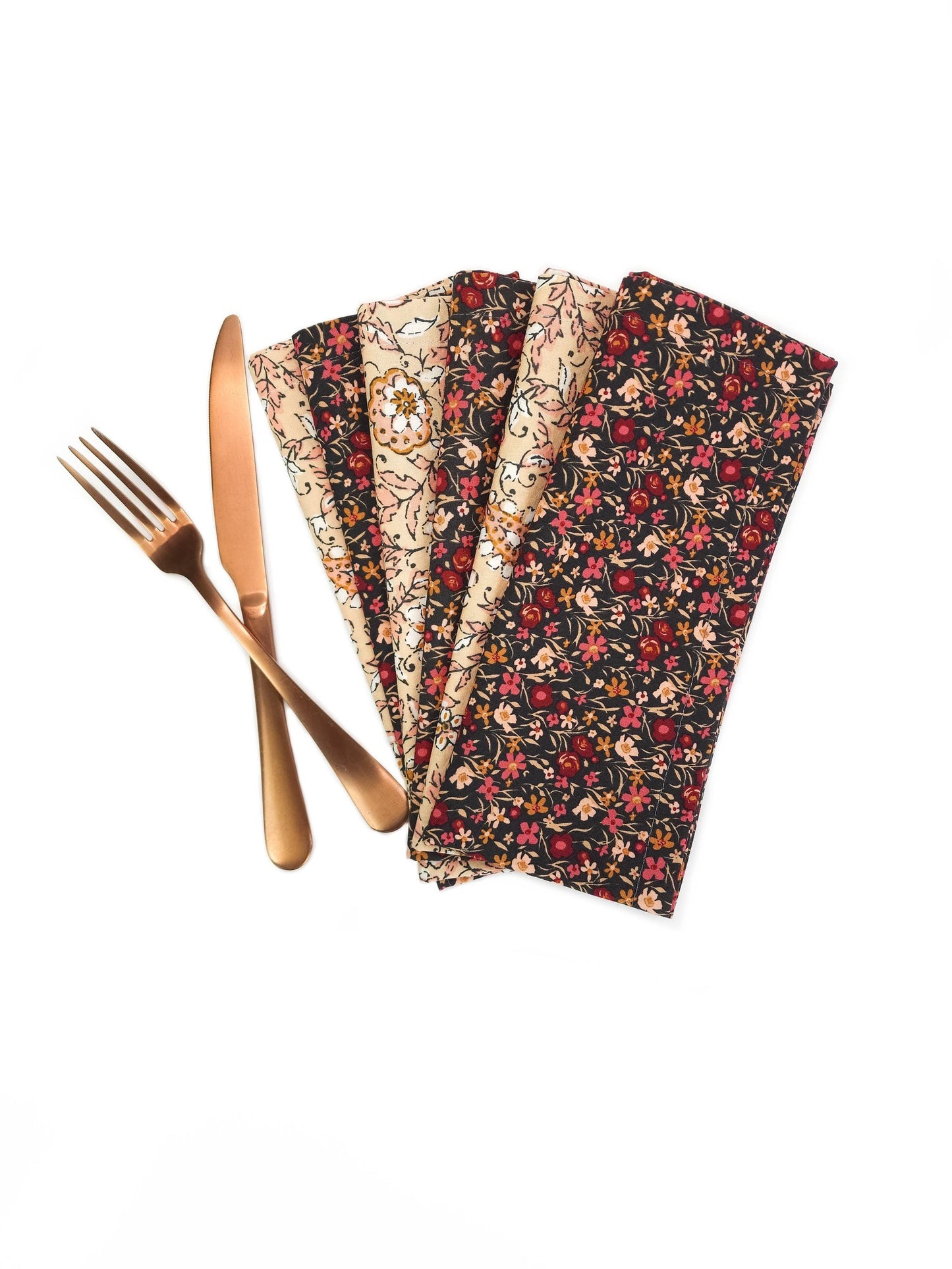 Black & Beige Floral Cloth Napkins, Set of 6